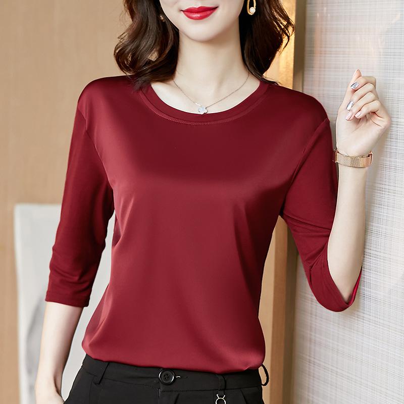Футболка с рукавом 7 четвертей из ацетатного атласа на основе для женщин, весенняя, новая, модальная, с круглым вырезом, универсальная, маленькая рубашка