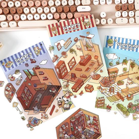 4 Set 3D DIY House Scene Stickers Stress Relief Decals Supermarket Coffee Shop