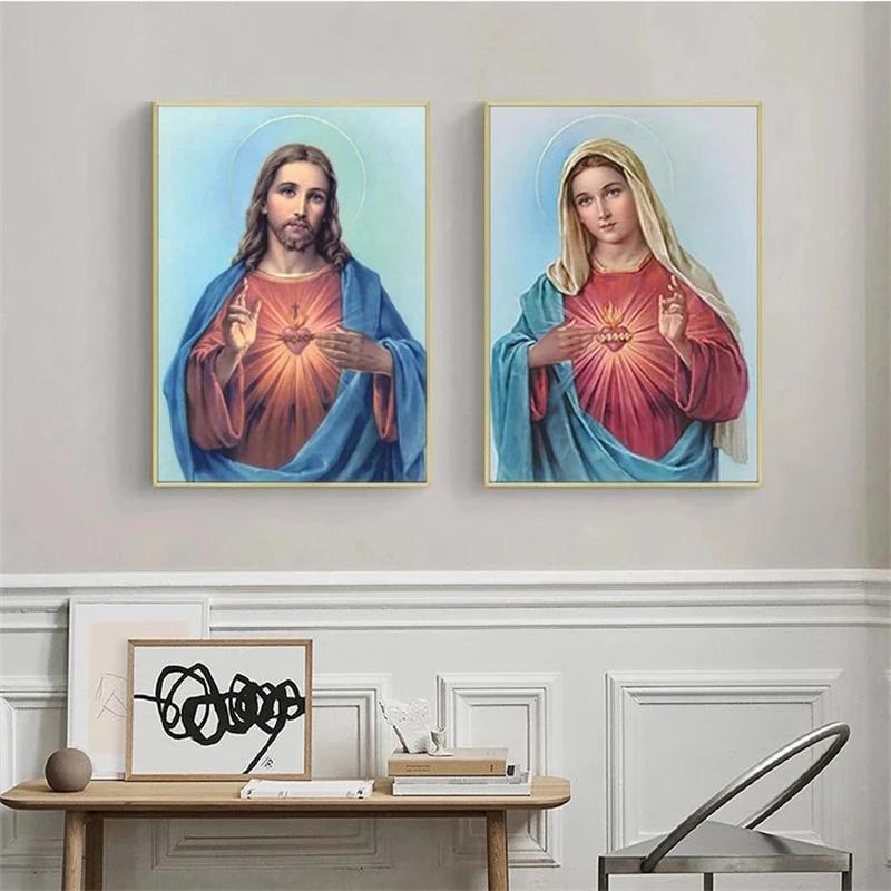 Классическое христианское священное сердце Иисуса и Марии, холст, картины, постеры, принты, настенное искусство для декора гостиной, cuadros