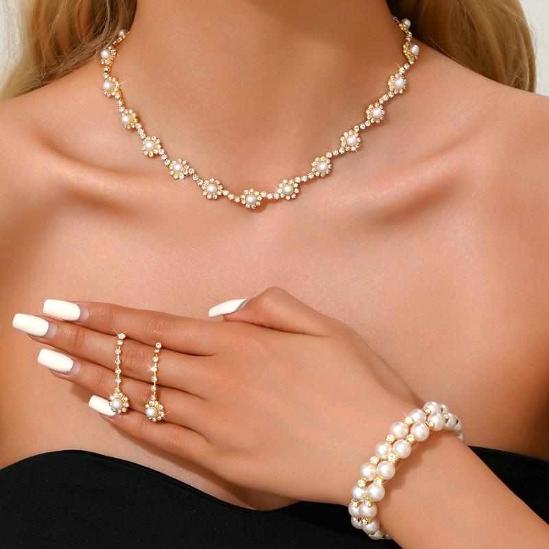 GemChic Женский Новый Изысканный Стразы Жемчуг Сверкающий Ключица Ожерелье Браслет Серьги Комплект Из Трех Частей День Рождения Рождественский Ювелирный Подарок