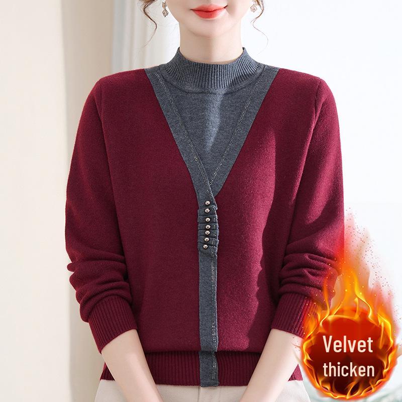 Mom's Red Fleece-Lined Winter Sweater - Perfect for New Year & Spring Festival for Middle-Aged and Elderly Women
