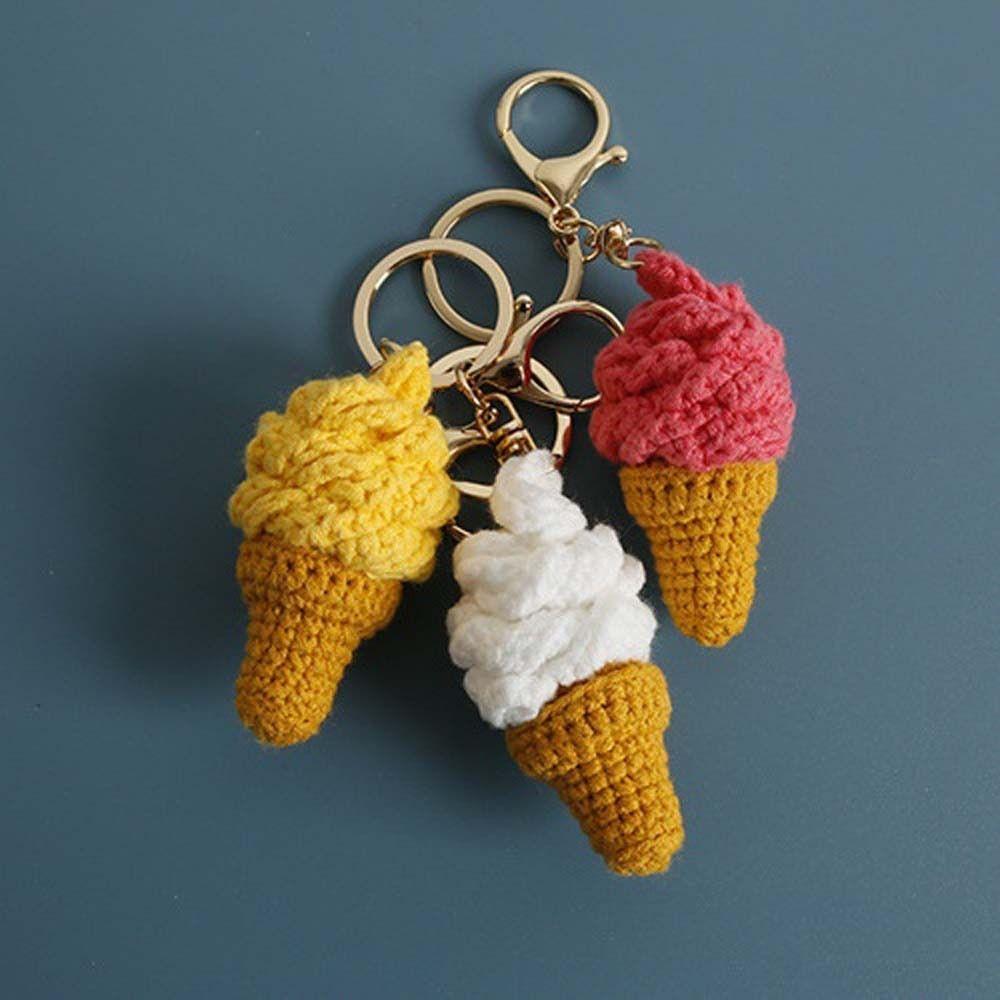 Woven Crochet Keychain Ice Cream Cone Knitted Keyrings Exquisite Ice Cream Pendant Backpack