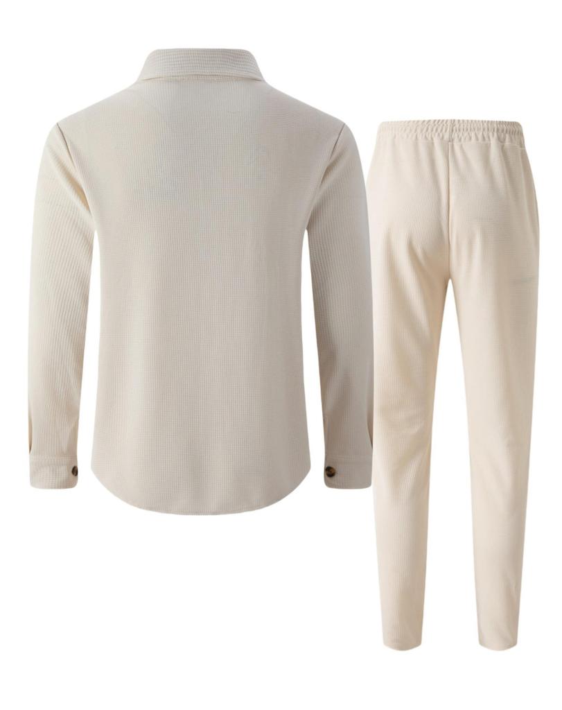 Осенний вафельный костюм-двойка: Кардиган с длинным рукавом и брюки с двойным карманом