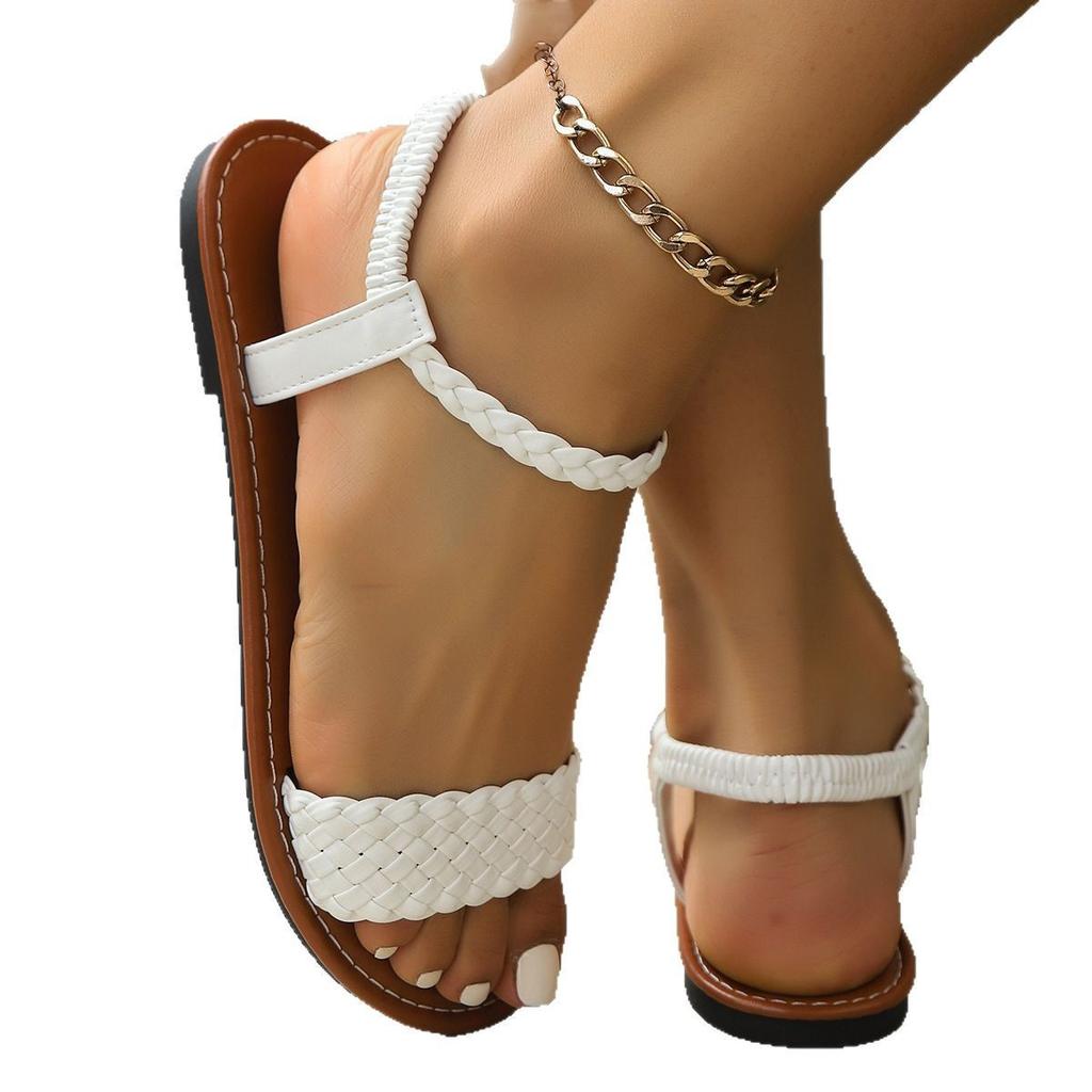 2025 new large size flat bottom set of toe slippers women's simple woven belt light beach cool slippers