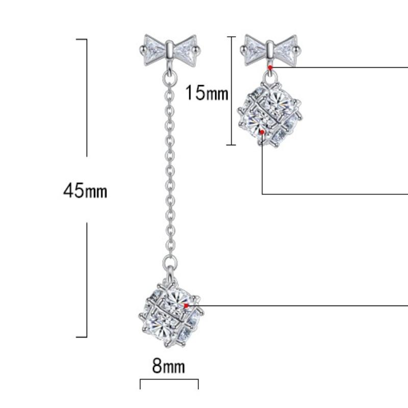 Womens Korean Fashion 925 Silver Plated Anti-allergy Square Zircon Crystal Rubik's Cube Candy Bows Dangle Drop Earrings Female Ear Jewelry Xmas Gift