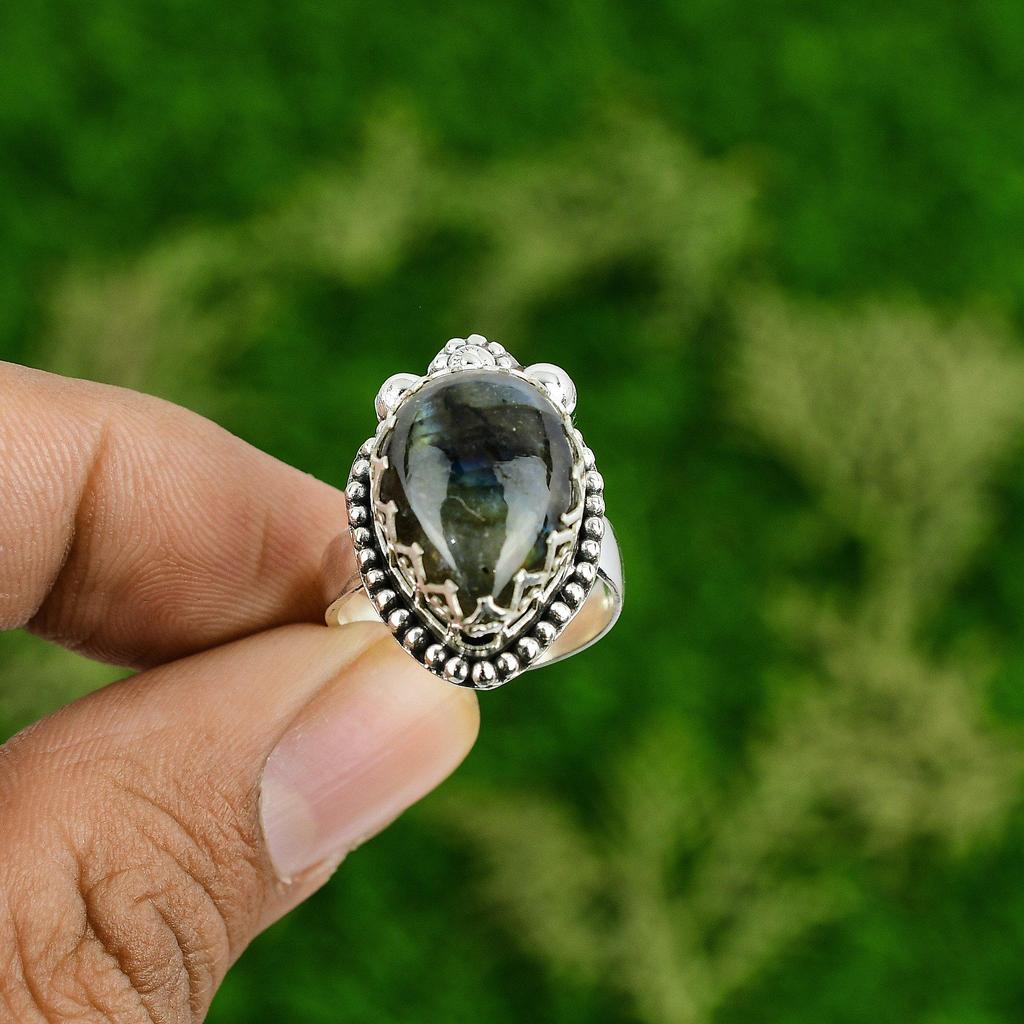 Womens Day Sale 925 Silver Pear Labradorite Stone Bezel Statement Ring Jewelry