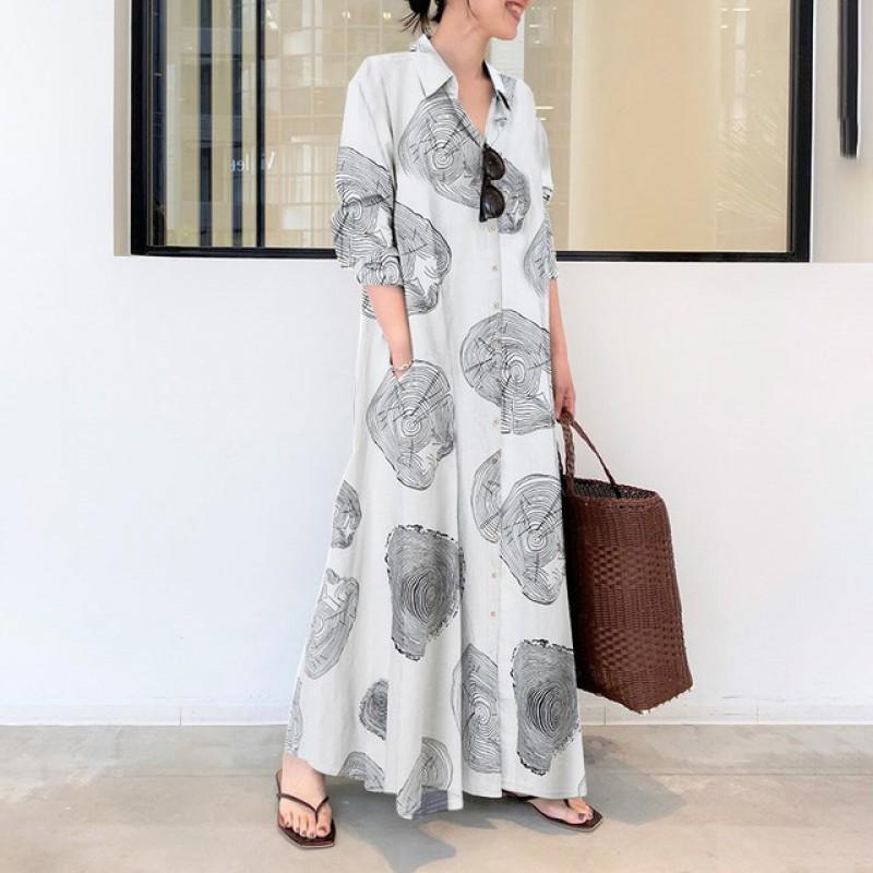 Large Size Women's Clothing Cotton Linen Printed Long Sleeves Simple Loose Casual Shirt Dress