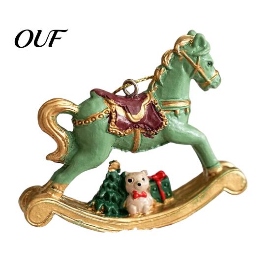 Colorful Hanging Figurines Rocking Horse Christmas Ornament, Resin Tree Decoration with Holiday Atmosphere Decorations Bear Gift Box for Window