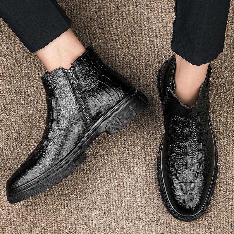 Мужские высокие ботинки из натуральной кожи, новые мужские ботильоны с крокодиловым узором, высококачественные ботинки «Челси», теплые зимние ботинки с плюшевым мехом