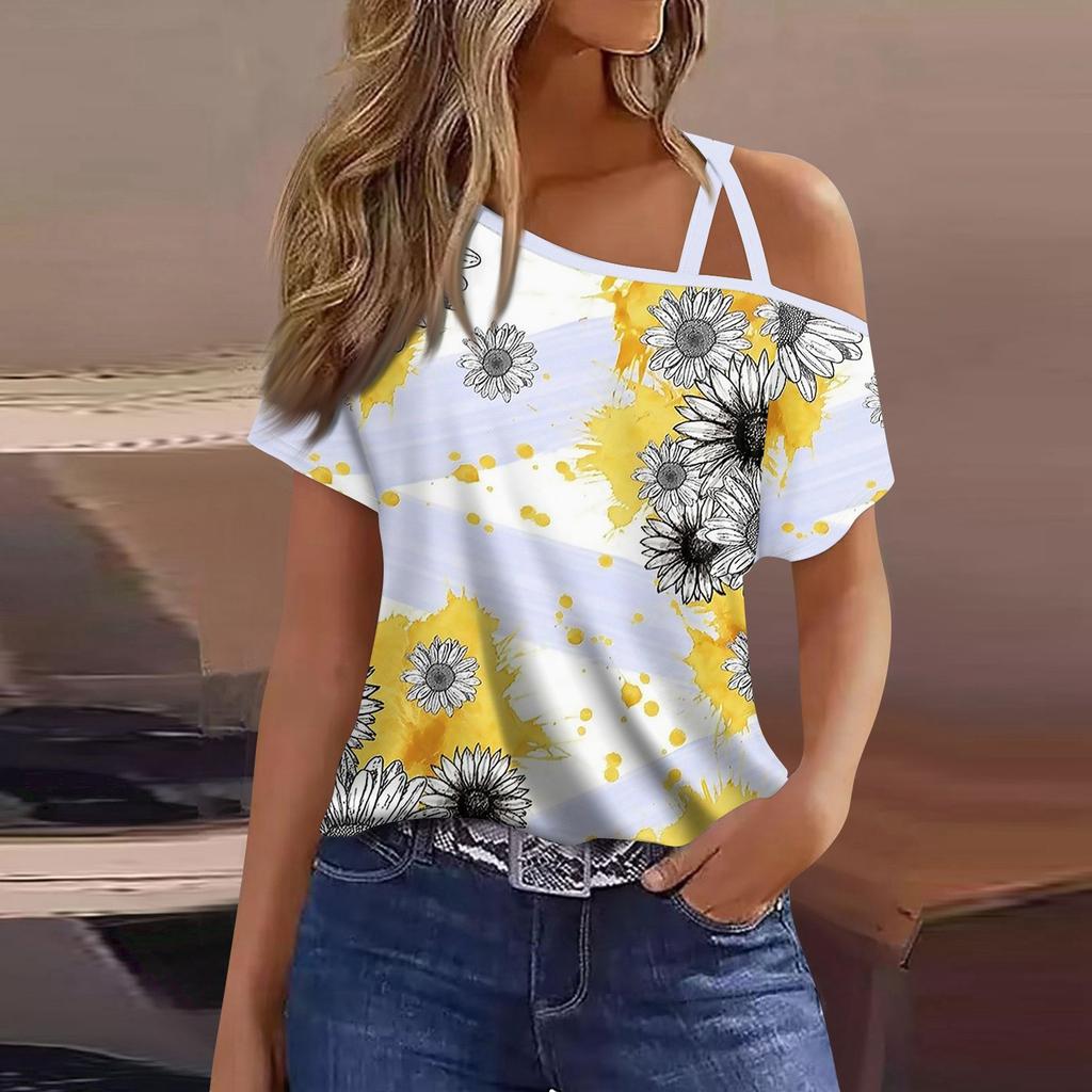 Women's Fashion Casual Print Sexy Cold Shoulder Short Sleeve T-shirt Top