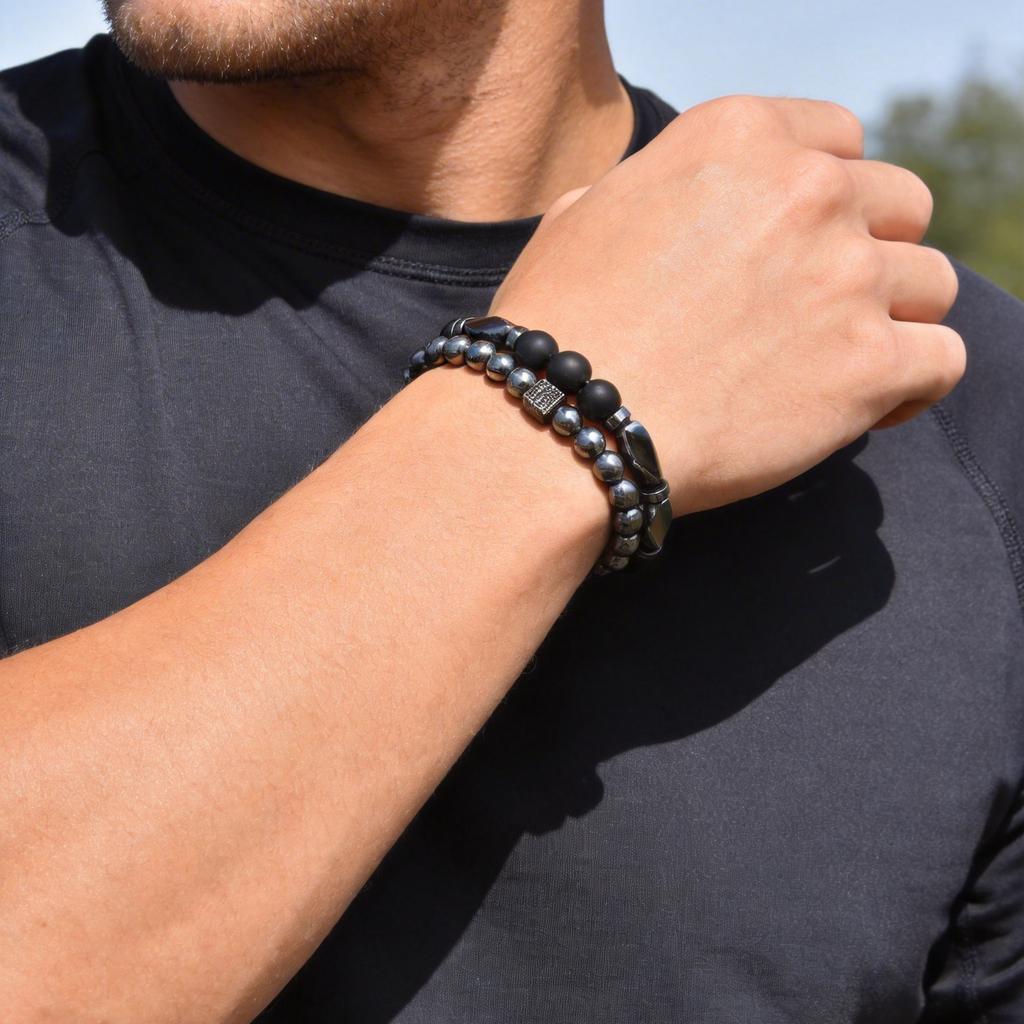 Vnox 2pcs/set Matte Black Onyx Hematite Beaded Bracelet Set Natural Stone Stretch Bracelets Fashion Jewelry Gifts for Men Women