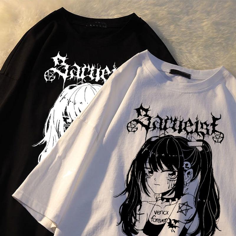Женская футболка Harajuku в стиле аниме, свободная футболка большого размера, женская одежда, летний топ с графическим рисунком, футболка с рисунком, японская уличная одежда
