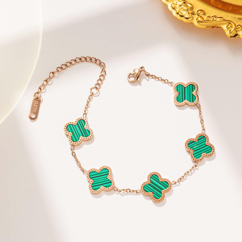 Темпераментный двусторонний браслет из нержавеющей стали, черный/цвет ракушки, четырехлистный клевер, элегантный браслет из розового золота