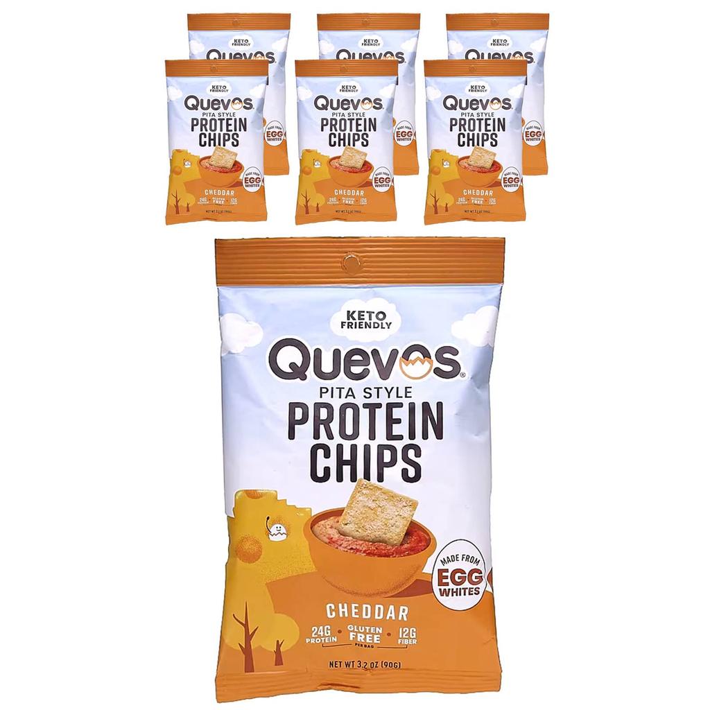 Quevos Pita Style Protein Chips, Cheddar, 6 Family Pack Bags, 3.2 Oz (90 G) Each