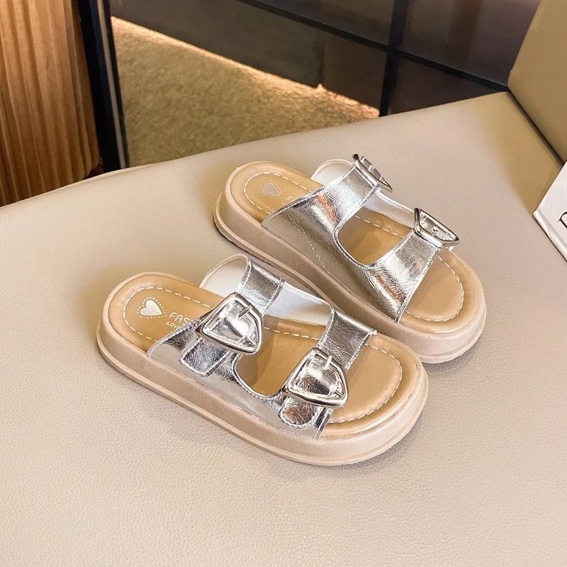 Тапочки для девочек с толстой подошвой, летние, с открытым носком, детские, повседневные, пляжные тапочки, модные, нескользящие, детские, вырезы, уличные тапочки, мюли