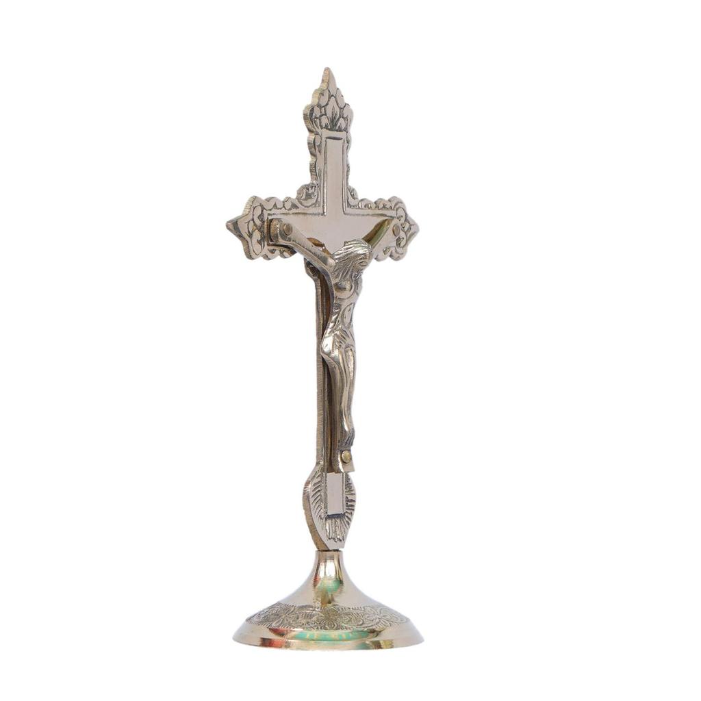 Christian Cross Jesus Christ Statue In Antique Finish- Brass Jesus Christ Cross Table Standing Showpiece Creative Lord Jesus Holy Cross Brass Statue