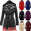 Womens Warm Fleece Hooded Jacket with Belt Coat Hooded Woolen Coat Belt Double-breasted Long Jacket