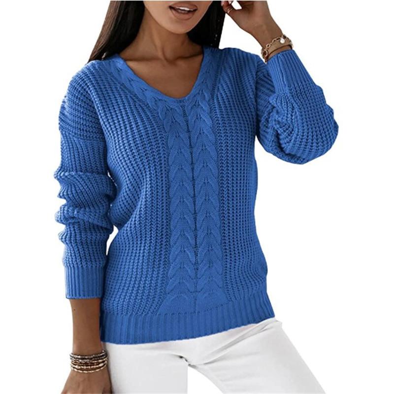 Autumn and Winter Women's Plus Size Sweater Long Sleeve V-Neck Solid Color Twist Casual Knit Pullover Top