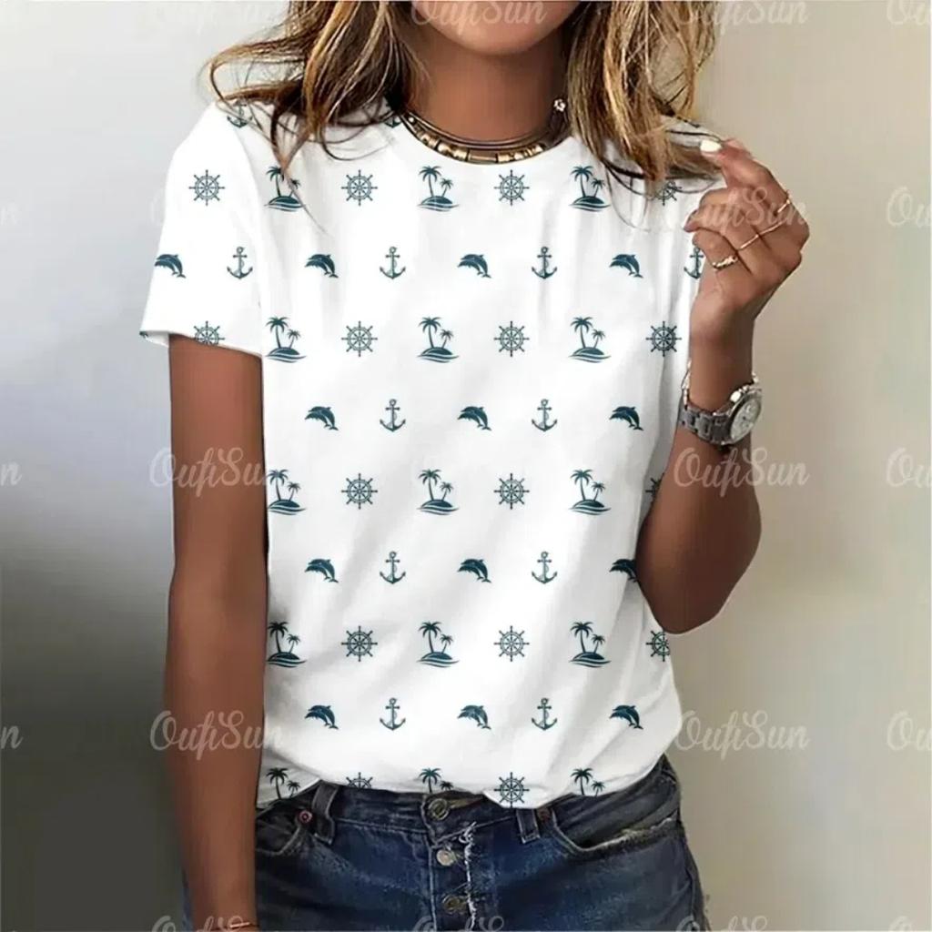 Новый стиль, футболка для женщин, топ с 3D принтом «Якорь», летние футболки большого размера для женской одежды, женская мода с круглым вырезом, большие размеры