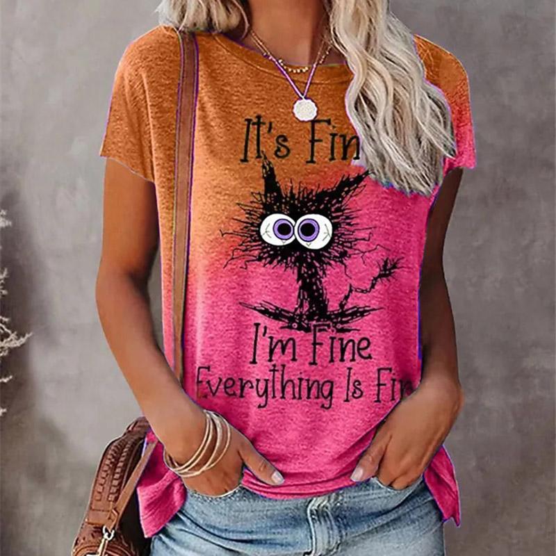 Women Summer T Shirt Line Cat Print Short Sleeve Tees Casual Printed Tops