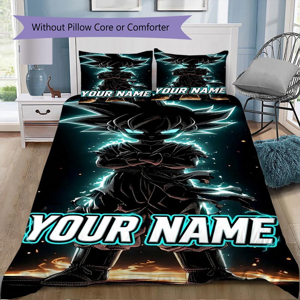 Custom Name Son Goku Pattern Bedding,Quilt Set Quilt Cover Pillowcase Home Birthday Gift(1 * duvet cover + 2 * pillowcase, without core)_lx
