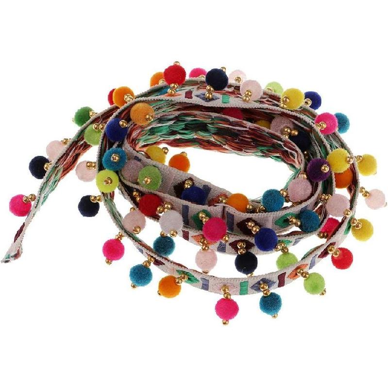 Ethnic Style Pompom Beads Fringe Trim Ribbon Sewing DIY Sewing Fabric Craft Handmade Decorative Jewelry 1 Yard- White