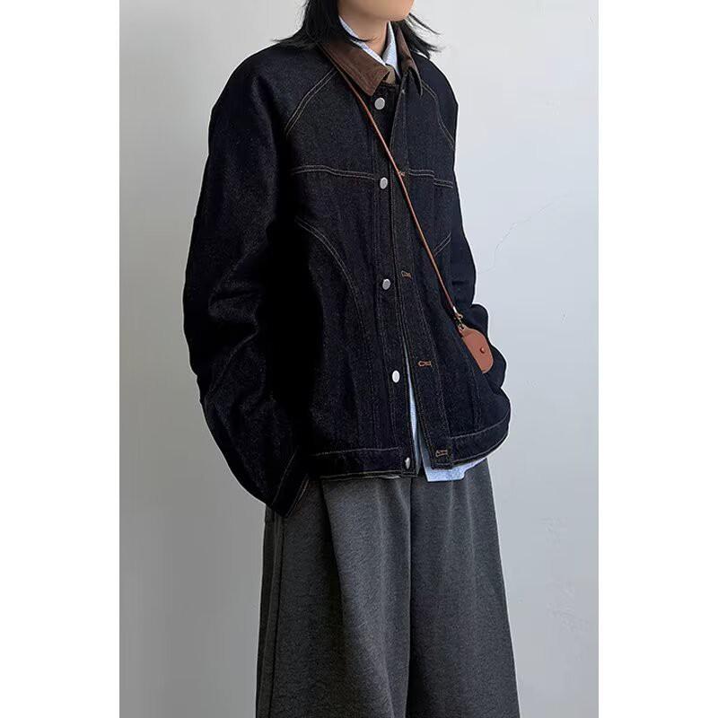 American Original Denim Jacket Men Women Loose Casual Colorblock Workwear Top