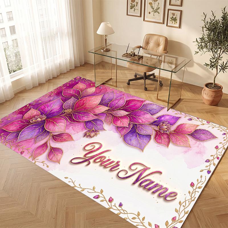 Floral Garden Theme Soft Crystal Velvet Rug Custom Name & Text Print Non Slip Floor Rug for Bedroom Living Room