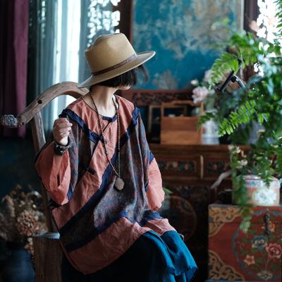 Женские футболки с винтажным принтом и цветочным принтом, осенние футболки из ткани рами в китайском стиле с круглым вырезом и длинным рукавом в стиле пэчворк