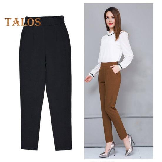 Women Pants Elastic High Waist Solid Color Slim Fit Trousers with Pockets Casual Commuting Style Office Lady Pants
