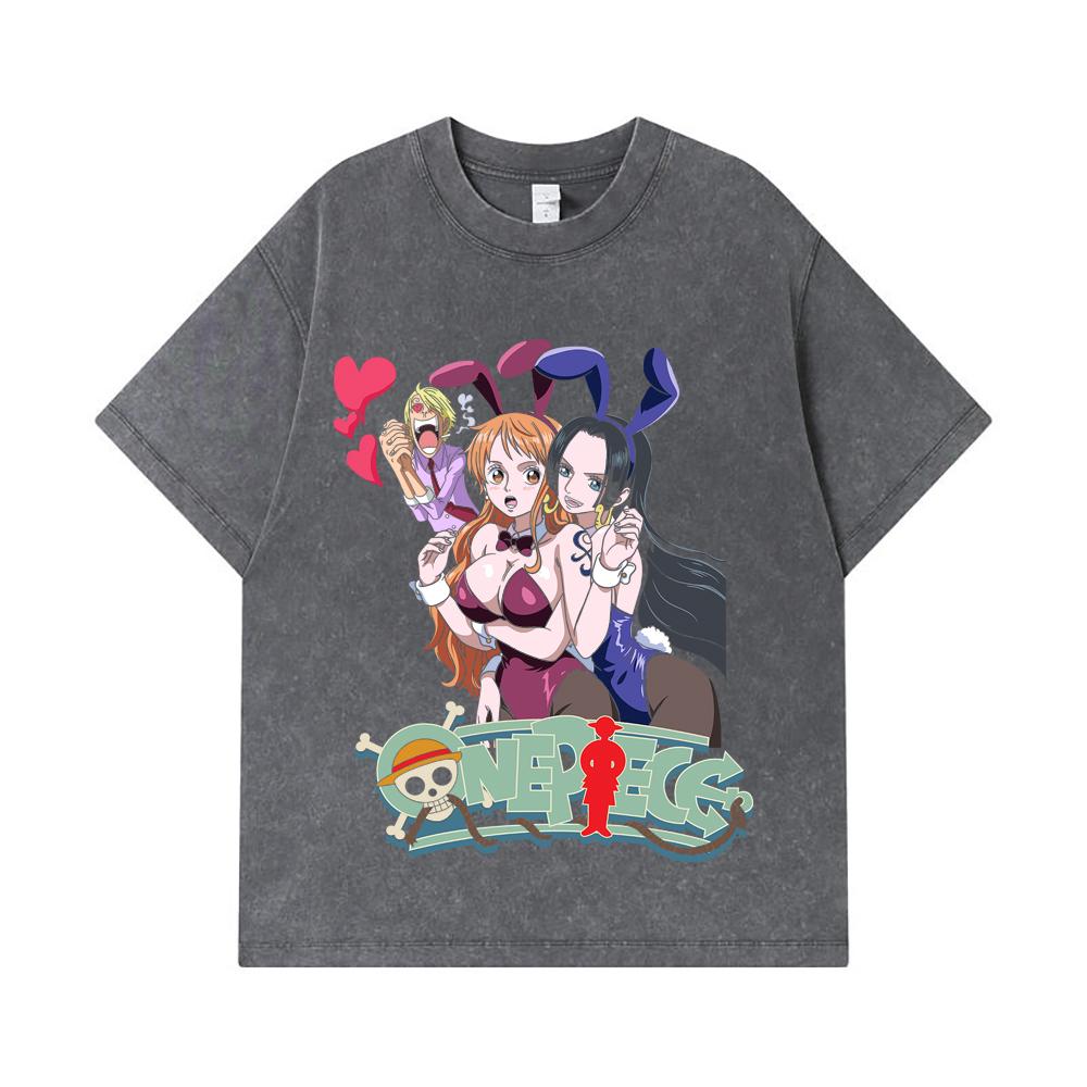 Стиранные футболки 275 г/м² 100% Хлопок One Piece V53 Нами Боа Принт Унисекс Тяжелая Хлопковая Футболка