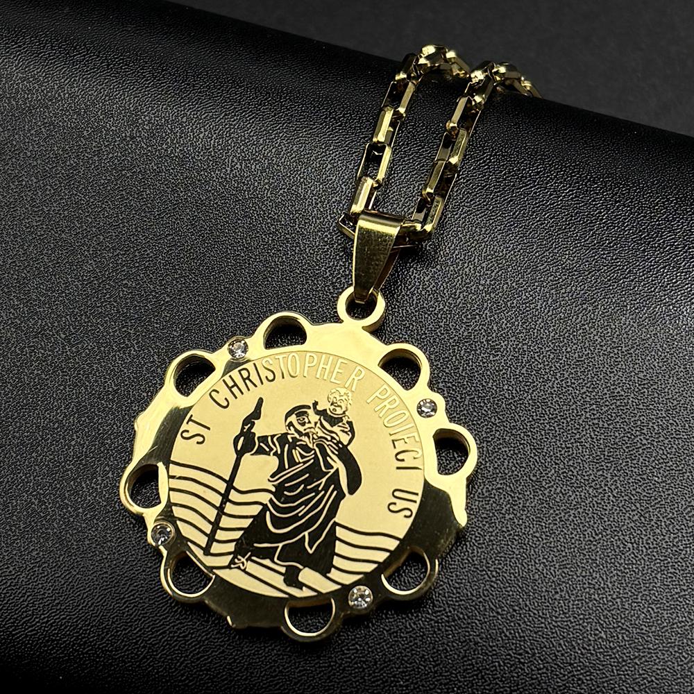 ST.Christopher Protect Us Hollow Floral Medal Rhinestones Pendant Necklace Stainless Steel Gold Plated Christian Chain Jewelry