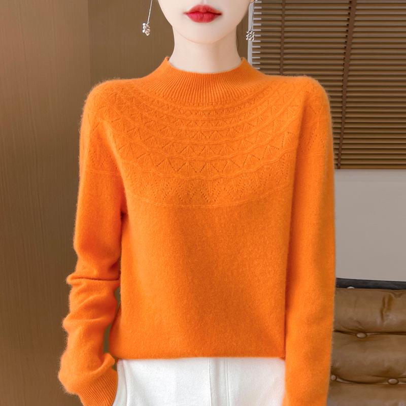 2025 Autumn/Winter Women's Half-High Collar Hollow Design Pure Wool Seamless Sweater Pullover