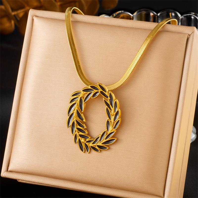 Gold Olive Leaf Jewelry Set Necklace Hoop Earrings with Black Enamel