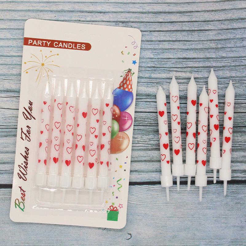 Birthday Cake Glossy Printed Red Love Pattern Pencil Candle Adult Party Cartoon 6 Candles