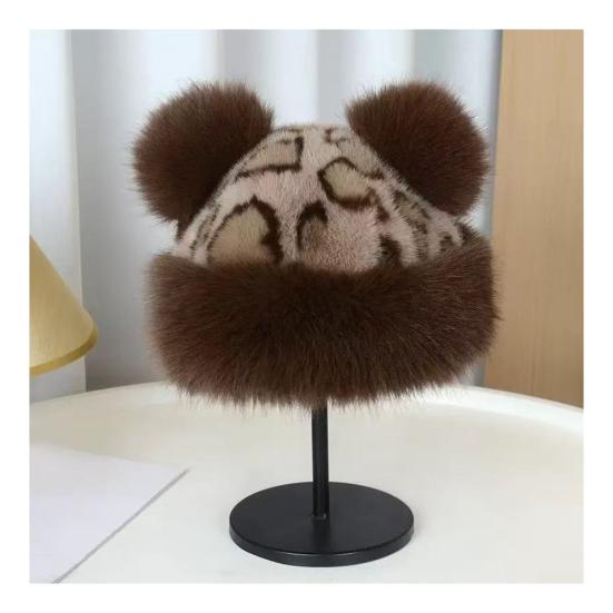 Winter Hat Retro Style Leopard Print Plush Trim Windproof Hat Bear Ear Decor Thickened Warm Women Hat