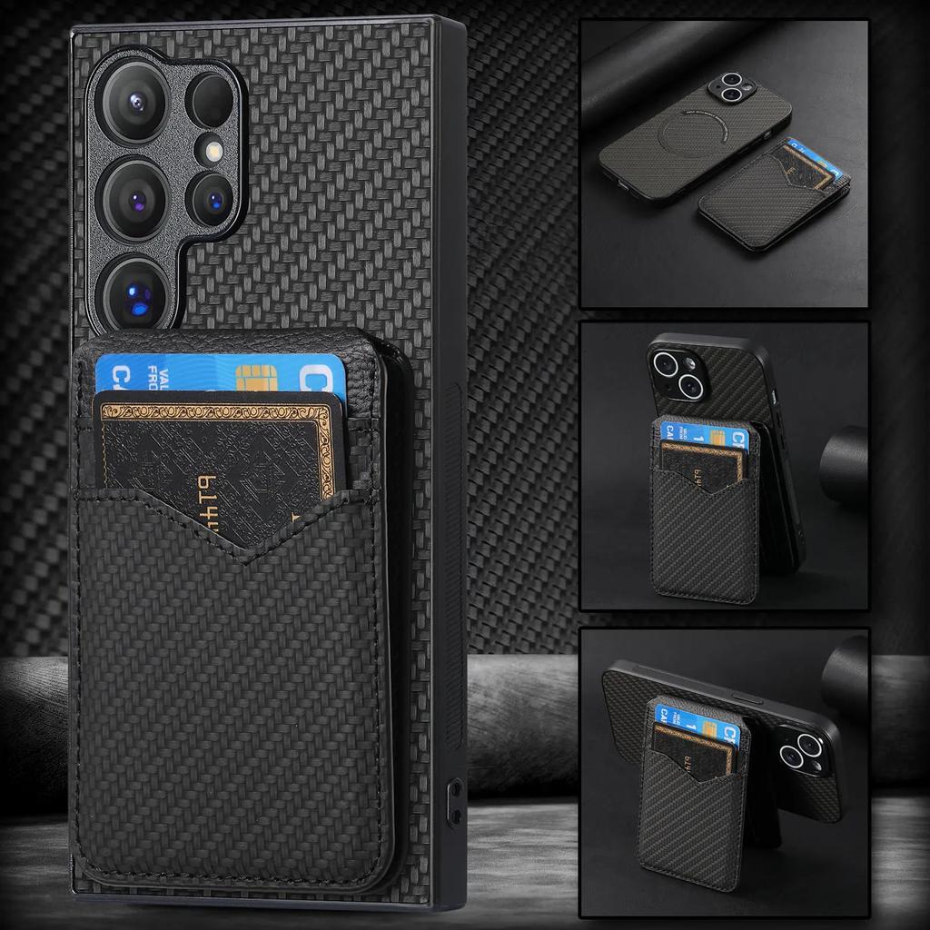 Carbon Fiber Wallet with Card Holder Phone Case for Samsung Galaxy S10 S20 S21 S22 Plus S23 S24 FE Note 20 Ultra Leather Cover