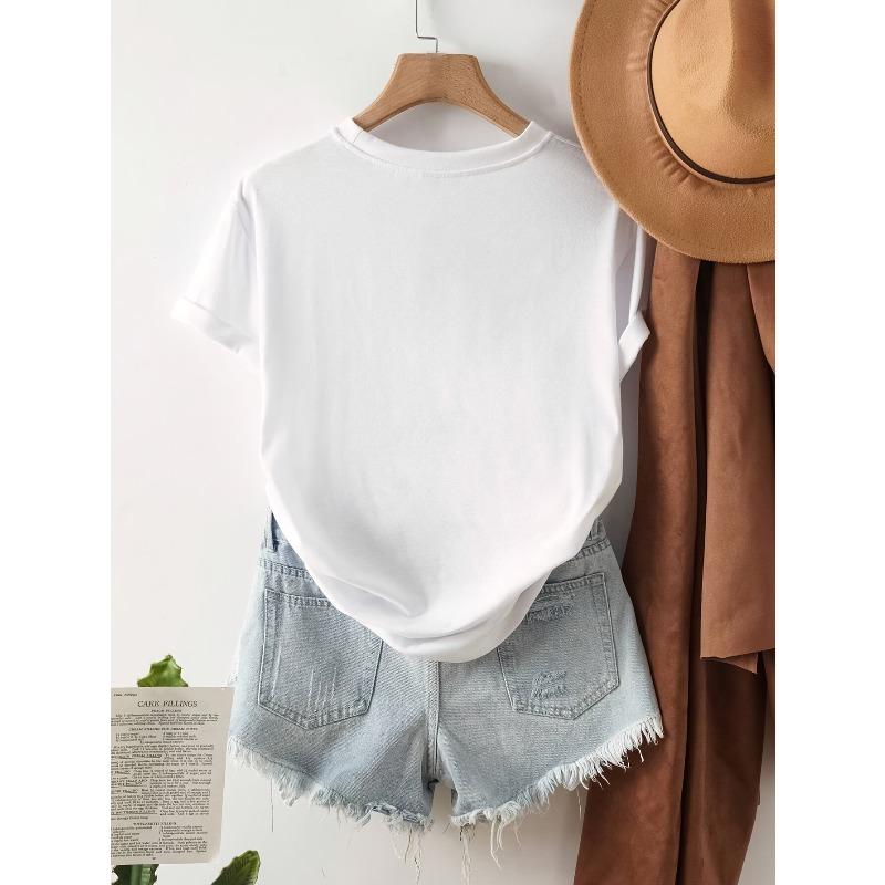 European sizes Women'S White Crew Neck Short Sleeve T-Shirt, Russian Alphabet Print, Black and Red Contrast Font, Casual Fun Alphabet Applique