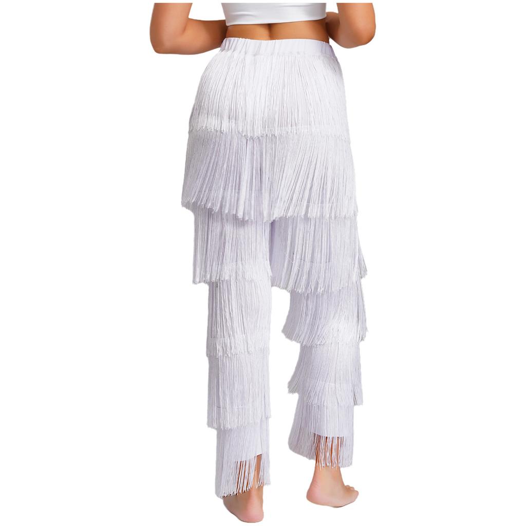 Womens Latin Dance Fringe Pants Elastic Waistband Contrast Color Tassel Trousers Cha Cha Tango Rumba