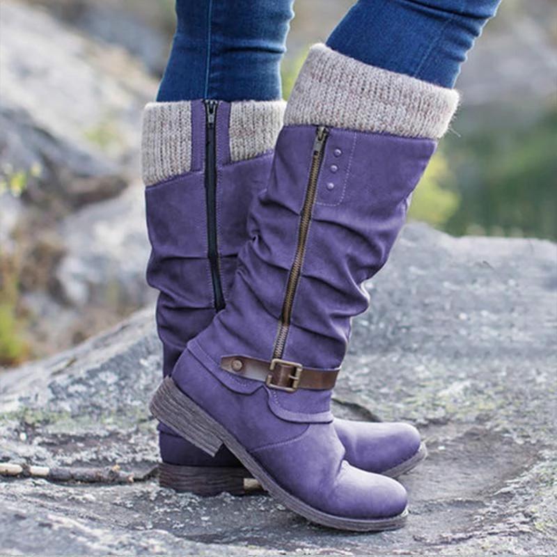 Women's Fall and Winter Mid-length Non-slip Wear-resistant Chunky Boots Splicing Temperament Side Zipper Boots
