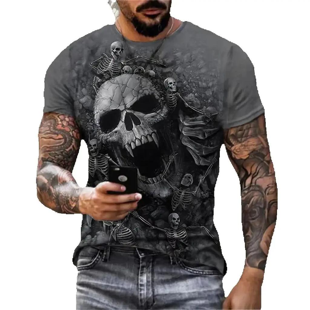 Summer Round Neck 3D Skull Print Top Fashionable Casual Terror Street Hip Hop Short Sleeved Men's T-shirts
