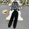 Осенне-зимний женский трикотажный свитер с принтом, брюки, комплект из двух предметов, женский свитер с круглым вырезом и спортивный костюм с брюками длиной до щиколотки