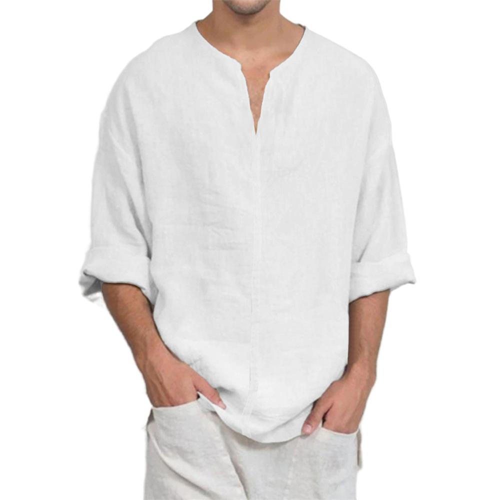 Хлопково-льняная футболка с V-образным вырезом и длинным рукавом для мужчин, повседневная, однотонная, легкая, дышащая, уютная, мужская модная футболка