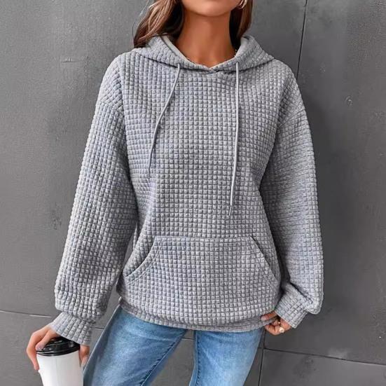 Осень-зима, женская однотонная толстовка с накладным карманом, цветная, свободная, на шнурке, с капюшоном, большая, толстая, теплая, с длинным рукавом, вафельная