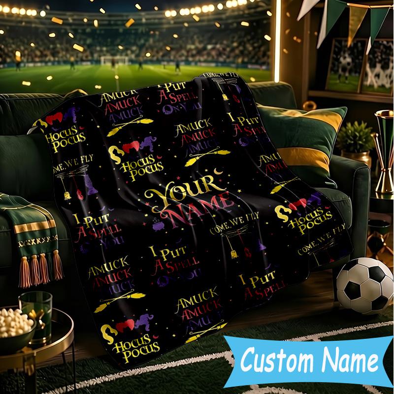 Custom Name Hocus Halloween Night Flannel Blanket, Use for Birthday/Holiday Gift, Soft Blanket for Sofa/Bed/Camping/Office, Home Decor