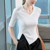 Белый топ с V-образным вырезом для женщин, новый дизайн, женская рубашка Perceptual, узкий подол, футболка со средними рукавами