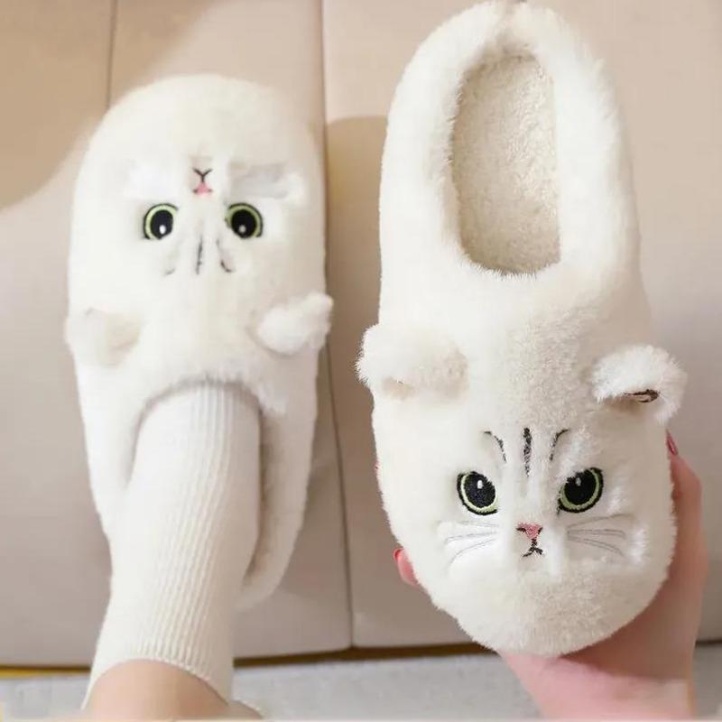 Cute Cat Slippers Fluffy Furry Women Home Platform Slippers Men Winter Plush Slides Indoor Fuzzy Slippers Lovely Cotton Shoes