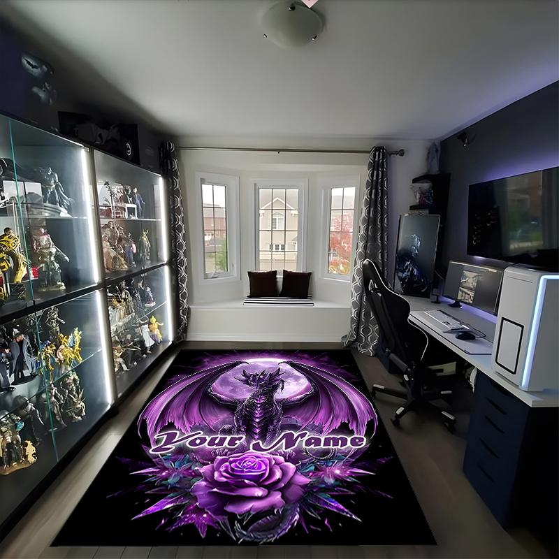 1PC Custom Name Purple Dragon Fantasy Art Theme Floor Mat Ideal for Living Room, Game Rooms, Office, Bedroom,Floor Mat Playful Design