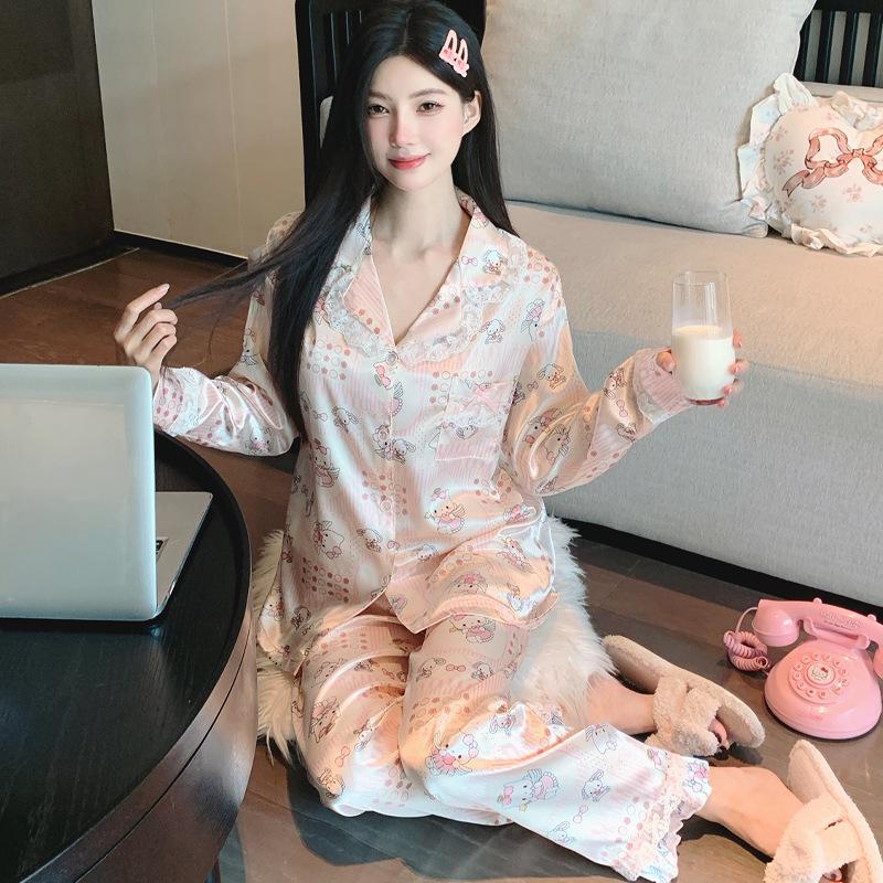 Japanese Sweet Ins Ice Silk Pajamas Set for Women - Light Luxury, Long Sleeve, Long Pants, Suitable for Spring and Autumn/Homewear.
