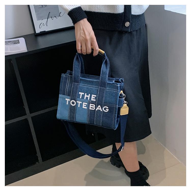 Retro Embroidered Letter Denim Tote with Contrast Stitching